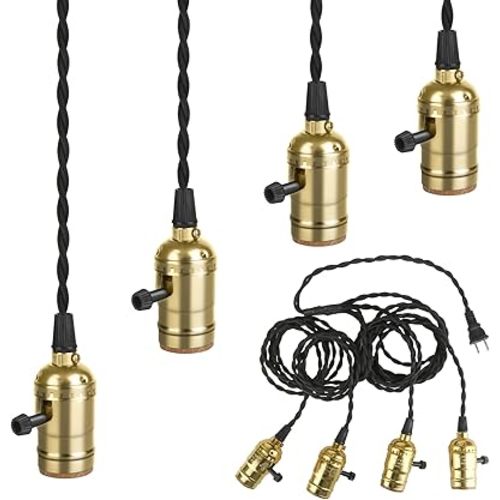 Vintage Plug-in Pendant Light Kit with 1-to-4 Hanging E26/E27 Sockets, Industrial Hanging Light with Individual Rotary Switches, Easy DIY Lighting for Living Room, Patio and Plant Corners, Gold