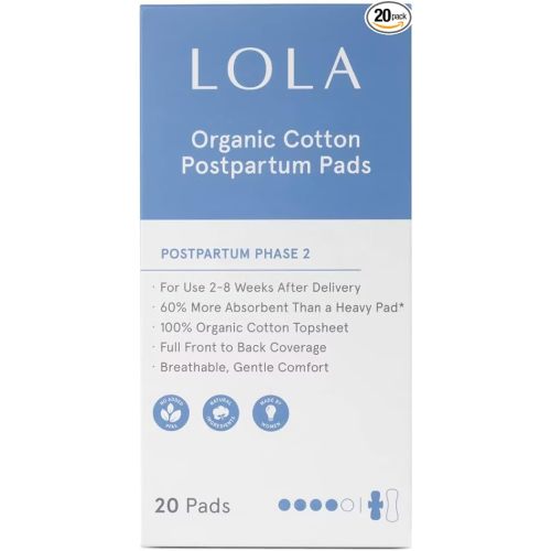 LOLA 100% Organic Cotton Postpartum Pads - 20 Count, Ultra Absorbent and Extra Long Pads, Overnight and Full Coverage, Adult Incontinence Pad for Women, Postpartum Essentials Phase 2