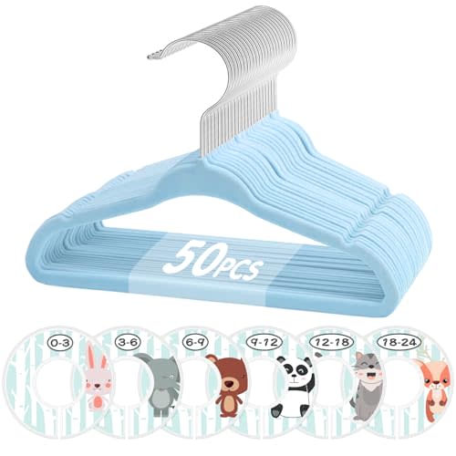 VIS'V Velvet Baby Hangers with 6 Pcs Size Dividers, 11 Inch, Blue, 50 Pcs | Compact Size, Non Slip, Infant Toddler Nursery Closet Organization