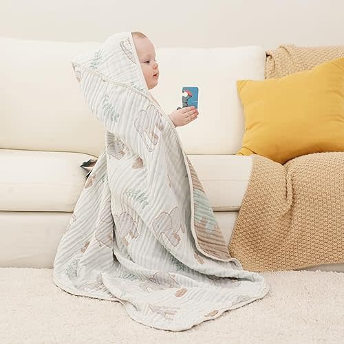 Ultra-Soft Muslin Baby Hooded Towel - 32 x 32 Inches, Ideal for Bath & Beach, Suitable for Both Boys & Girls from Newborns to Toddlers