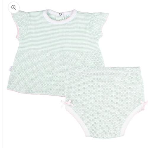 Paty Knit, 2 PC Flutter Sleeve Diaper Set- Mint with Pink Trim