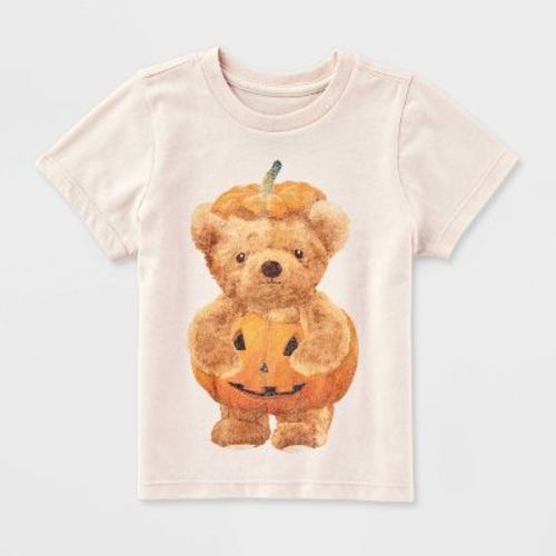 Toddler Short Sleeve Halloween Teddy Bear Pumpkin T-Shirt - Beige