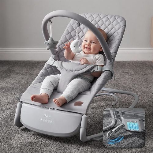 Orzbow Electric Baby Bouncer & Rocker with Innovative Auto Rocking Motion, Adaptable 3-Speed, Smart Tap Sensing, Soothing Sounds, and 3 Recline Positions, 2-in-1 Automatic Baby Rocker Chair, Grey