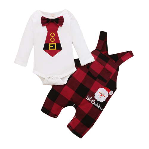 MaBaby 0-12M Newborn Infant Baby Boy My 1st Christmas Clothes Set 3M 6M 9M 12M Bow Rompers Plaid Jumpsuit Overalls Outfits