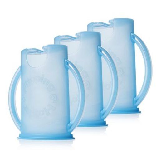 Flipping Holder Food Pouch Holder No Squeeze, flips over to hold drink boxes and juice pouches, easy grip handles and lid (Blue 3-Pack)