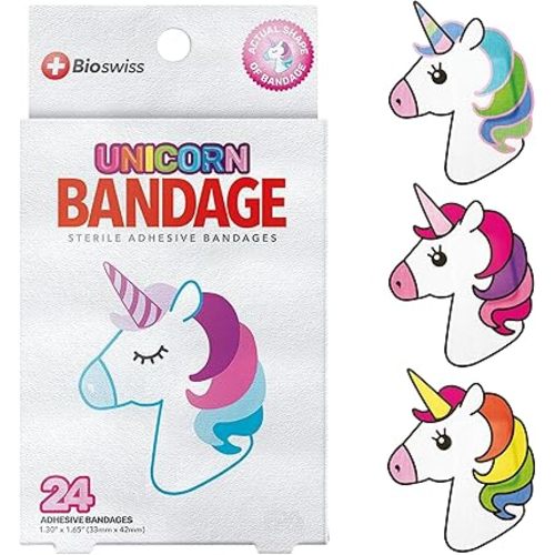 BioSwiss Bandages, Unicorn Shaped Self Adhesive Bandage Set, Latex Free, Sterile Wound Care, 24 Count