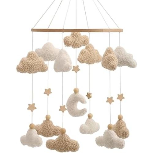 Boucle Handmade Clouds Baby Mobile Boho Neutral Nursery Crib Mobile Minimalist Teddy Fabric Mobile