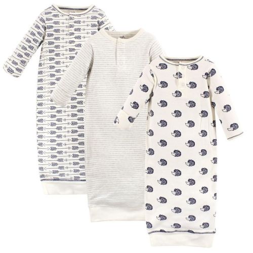 Touched by Nature Baby Boy Organic Cotton Henley Long-Sleeve Gowns 3pk, Hedgehog, 0-6 Months