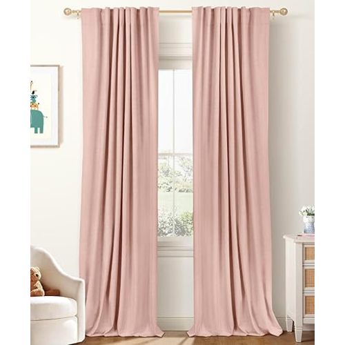 100% Blackout Shield Linen Blackout Curtains for Bedroom 84 Inches Long, Back Tab/Rod Pocket Living Room Drapes, Thermal Insulated Blackout Curtains 2 Panels Set, 50" W x 84" L, Blush Pink