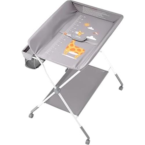 VEVOR Baby Changing Table, Foldable Diaper Change Station with Side Basket, Adjustable Height Changing Table with Lockable Wheels, Multi-Functional Nursery Storage Organizer, Light Gray