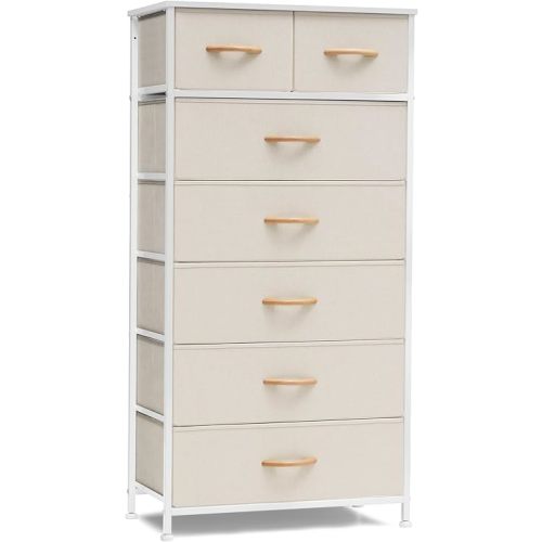 Crestlive Products Vertical Dresser Storage Tower - Sturdy Steel Frame, Wood Top, Easy Pull Fabric Bins, Wood Handles - Organizer Unit for Bedroom, Hallway, Entryway, Closets - 7 Drawers (Beige)
