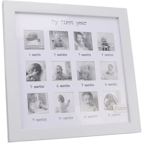 Baby's First Year Photo Frame, Collage Frame in White Frame with Mat 12 Months Newborn Monthly Picture Frame My First Year Photo Frame for Baby Growth Record Keepsake 9.8x9.8x0.7in