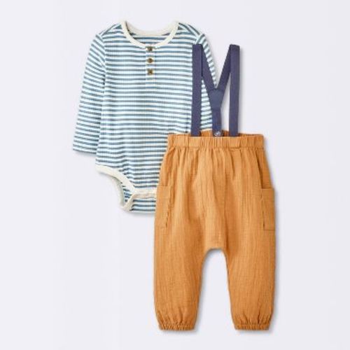 Baby Boys' 2pc Striped Suspender Top & Bottom Set - Cloud Island™ Blue Newborn