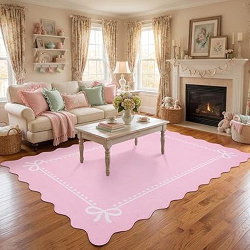 Garvee Scalloped Bow Rug 5x7, Soft Large Washable Area Rugs for Living Room Bedroom Dining, Non Slip Faux Wool Low Pile Farmhouse Nursery Decor, Boho Home Decor Rugs, Machine Washable, Pink