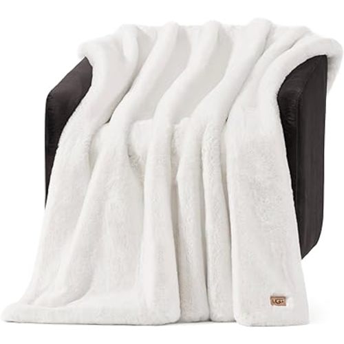 UGG Euphoria Faux Fur Throw Blanket, Warm Fluffy Throw for Couch or Bed, Luxury Bedroom Decor, Fluffy Blankets, Machine Washable, 50-inch x 70-inch, White Snow