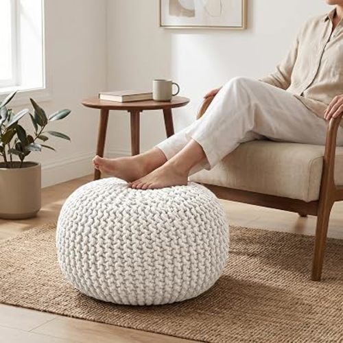 Palisa White Pouf Ottoman 20x20x14 Inches | Knitted Round Pouffe for Extra Sitting | Multipurpose Accent Seating for Living Room and Bedroom