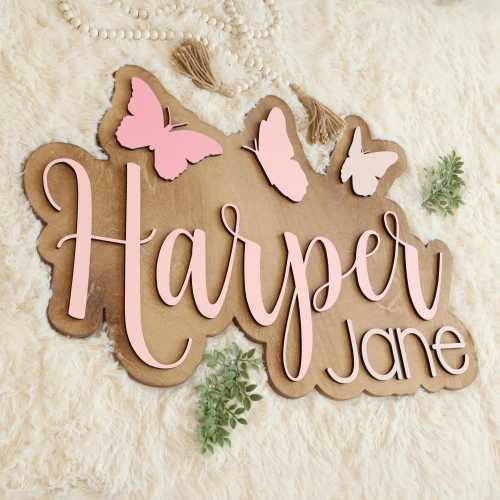Baby Arrival Name Sign Personalized — 3D Wood Outline Letters, Custom Nursery Wall Art, Baby Shower Gift, Butterfly Name Sign, Ships Free