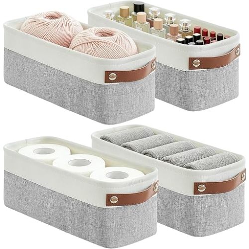Small Fabric Storage Baskets, 15x6x5 inch Narrow Storage Bins 4-Pack Long Storage Basket for Organizing with Handles, Decorative Basket for Closets, Shelves, Toilet Paper, Grey