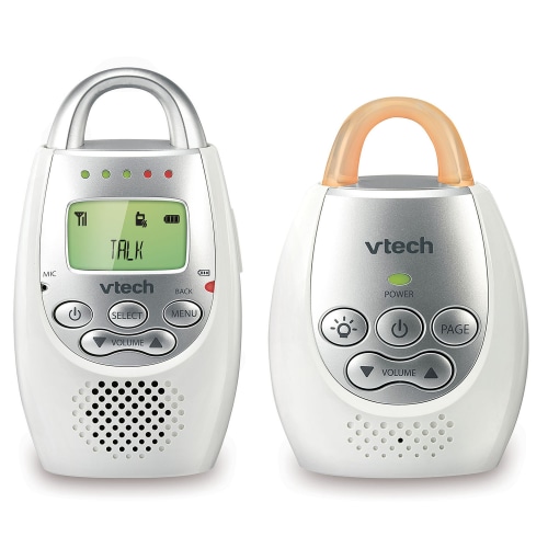 VTech DM221 Audio Baby Monitor with up to 1,000 ft of Range, Vibrating Sound-Alert, Talk Back Intercom & Night Light Loop, White/Silver