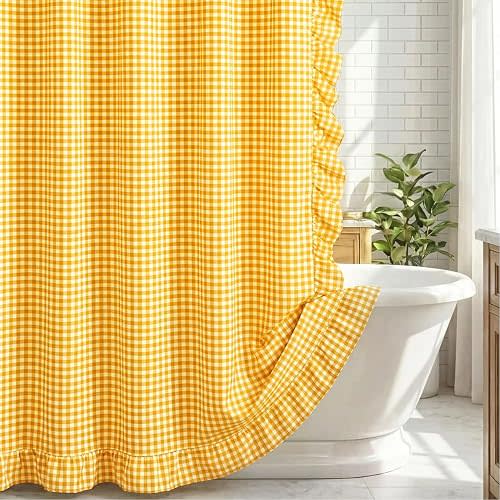 HunnmingRe Ruffled Gingham Shower Curtain Yellow