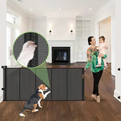 96 Inch Wide Reinforced Retractable Baby Gate with Support Rods, Extra Long Dog Gate Retractable Gate Outdoor Gates for Decks, Prevent Crawling Under Extra Long Baby Gates for Large Openings, Black