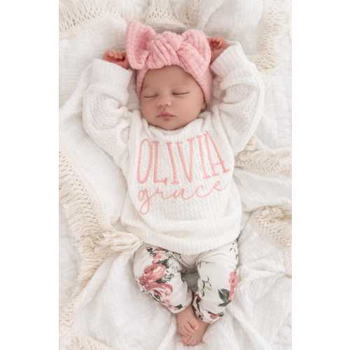 Handmade Baby Girl Outfit: Embroidered Ivory Waffle Sweater, Floral Leggings