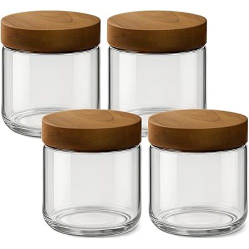 10oz 4 Pack Baby Food Containers with Lids, Glass Mason Jars with Acacia Wood Airtight Lids, Wide Mouth Meal Prep Storage Jars for Oats, Chia Pudding, Salad, Parfait, Snacks, Spice