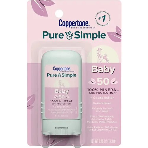 Coppertone Pure and Simple Baby Sunscreen Stick SPF 50, Zinc Oxide Mineral Sunscreen for Baby, Body and Face, 0.49 Oz Stick