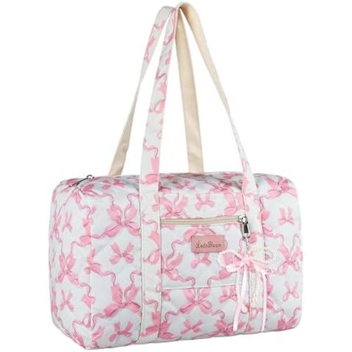 Coquette Bag with Bow Keychain White Pink Floral Travel Duffel Bag for Women Cute Quilted Puffer Bags Shoulder Purse Carry on Bags for Travel Family Trip Christmas Gifts (Pink Bow)