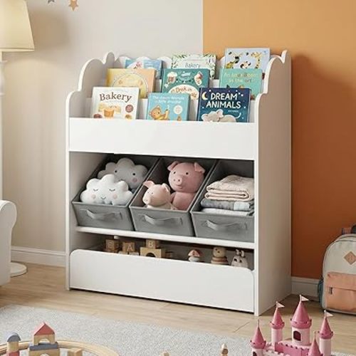 Kids Bookshelf with Fabric Storage Bins & Sliding Drawer, Multi-Functional Wooden Book Organizer for Toddlers, White Kids Bookcase for Toys, Scalloped Edge Design