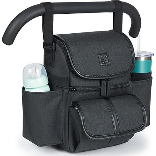 Universal Baby Stroller Organizer, Stroller Caddy , 2 Wide Cup Holders & Stability Bottle Straps, Adjustable Shoulder Strap, Fits 11" Tablet, Magnetic Pocket, YKK Zippers & Mesh Pockets, Waterproof