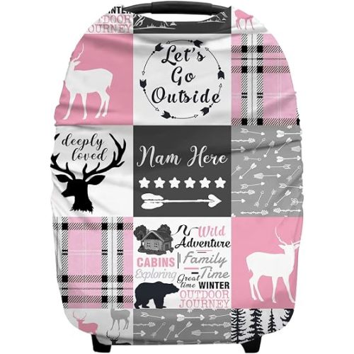 Personalized Baby Car Seat Cover for Girls, Custom Nursing Covers for Breastfeeding with Name, Infant Stroller Cover, Baby Carseat Canopy for Newborn, Multiuse Car Seat Canopies, Woodland Deer Pink
