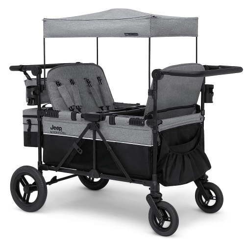 Jeep Wrangler 4-Seater Stroller Wagon, Convertible Seats, Canopy, Flat Fold, Grey