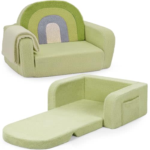 Foryoomi Kids Couch, 2-in-1 Soft Toddler Couch Fold Out with Blanket, Comfy Toddler Chair, Convertible Sofa, Gifts for Kids Girl Boys, Medium Green Rainbow