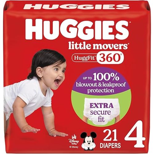 Huggies Size 4 Baby Diapers, Little Movers HuggFit 360° Baby Diapers with 360° Waistband, Size 4 (22-37 lbs), 21 Count, Packaging May Vary