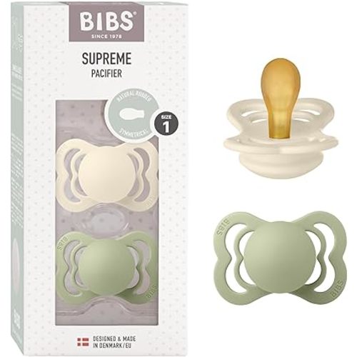 BIBS Pacifiers - Supreme Collection | BPA-Free Baby Pacifier | Made in Denmark | Set of 2 Ivory/Sage Color Premium Soothers | Size 0-6 Months