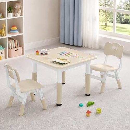 Height Adjustable Kids Table and Chairs Set (2 Chairs) for Ages 2-8 | Non-Slip Toddler Activity Table with Wipe-Clean Desktop, Montessori Learning & Art Drawing Desk for Home Preschool Classroom