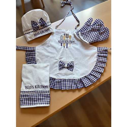 Personalized Gingham Apron Set: Embroidered Chef Hat & Mitts