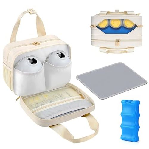 PIIOSER Breastmilk Cooler Travel Bag with Ice Pack, Compatible with Wearable Breast Pumps & Accessories - Portable Hands Free Breast Pump Carrying Case for Nursing & Working Moms, Cream