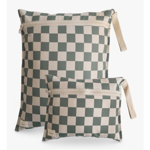 mushie Water Resistant Wet Bags | Large & Small Reusable Storage Bag for Baby Items and Travel | Zippered Pockets with Handle | Machine Washable, Set of 2 (Olive Check)
