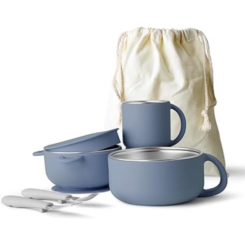 Kids Dinnerware Set - 6 Piese Toddler Plates and Suction Bowls Set with Kids Utensils&Cup, 2 IN 1 Stainless Steel & Silicone Baby Self Feeding Supplies, Navy