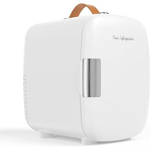 NEWBULIG Mini Fridge for Bedroom, Office & Car, Portable 4L/4.23QT Mini Refrigerator for Skincare with Handle, Ultra-Quiet Energy-Saving Compact Cooler for Drinks, Food, Skincare & Makeup, 12V AC/DC