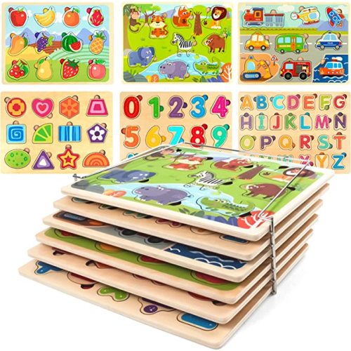 Wooden Puzzles for Toddlers with Storage Rack, WOOD CITY Toddler Puzzles Ages 3-6 for Kids, Learning Preschool Wood Puzzle for Boys and Girls-6 Pack Alphabet Number Shape Fruit Animal Vehicle - Upgrade