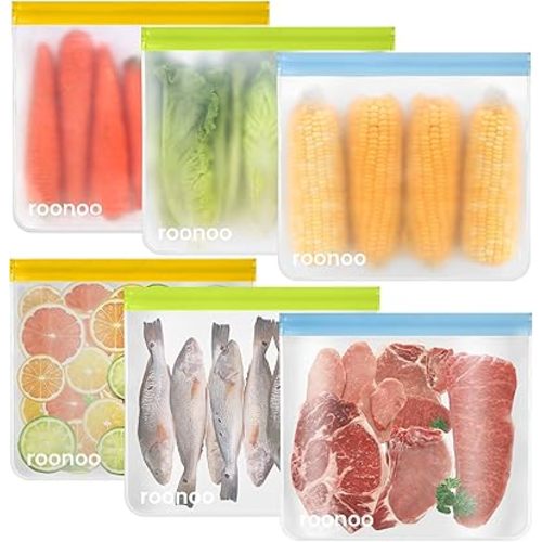 6 Pack Dishwasher Safe Reusable Gallon Freezer Bags Food Storage Bags, Extra Thick Leakproof Silicone & Plastic Free Ziplock Bags for Meal Prep, Fruits, Sandwich, Snack, Travel Items