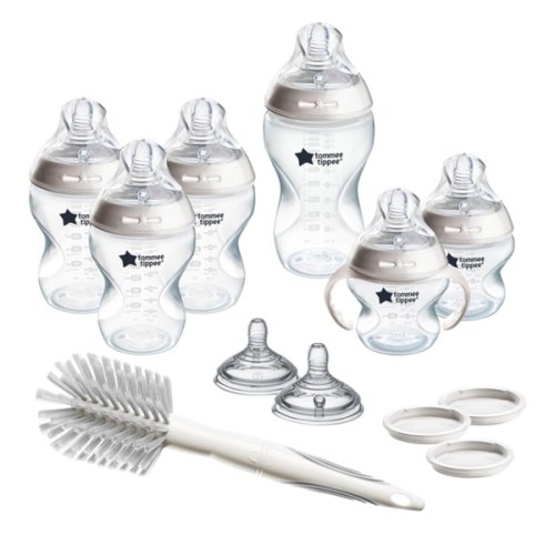 Tommee Tippee Natural Start 12 Piece BPA Free Bottle Set, Includes 2 x 5 oz, 3 x 9 oz, 1 x 11 oz Bottles, Newborn 0+ Months, Slow, Medium & Thicker Flow Breast-Like Nipples, Cleaning Brush, Clear