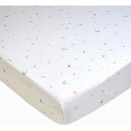 American Baby Company 100% Natural Cotton Fitted Pack and Play Sheet 39" x 27" - Soft & Breathable Pack N Play Sheet for Playpen, Playard & Mini Crib Mattress, Pink Stars and Moon, for Boys & Girls