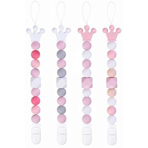 Yoofoss Pacifier Clip Silicone 4 Pack for Baby Girls BPA Free Teething Beads Fits Most Pacifier Styles and Teething Toys (Pink+White)