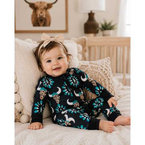 Turquoise Cow Skull Bamboo Sleeper, Baby Girls Western Zippered Bodysuit, Toddler Boho Romper