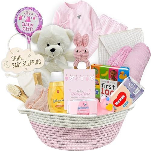 New Baby Girl Gift Basket | Unique Gift Set for a new mom Pink Baby Gift Set. Welcome Baby Care Package All w/Newborn Essentials Bundle for Expecting Moms Baby Shower, After Labor Gift