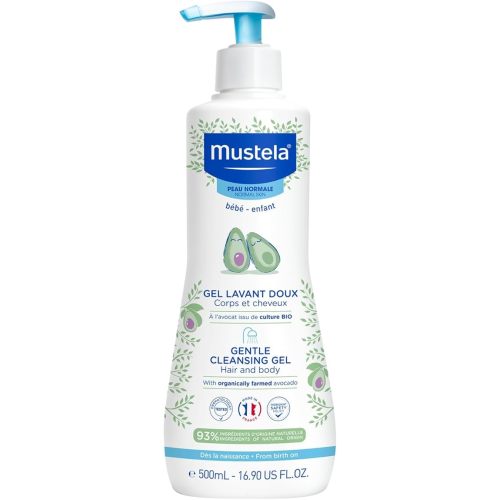 Mustela Baby Gentle Cleansing Gel for Normal Skin with Natural Avocado Perseose and Vitamin B5 - 500ml | Protects and Hydrates | Suitable from Birth, Vegan and Tear-free | Ultra gentle for Hair and Body | Tested by Dermatologists and Paediatricians
